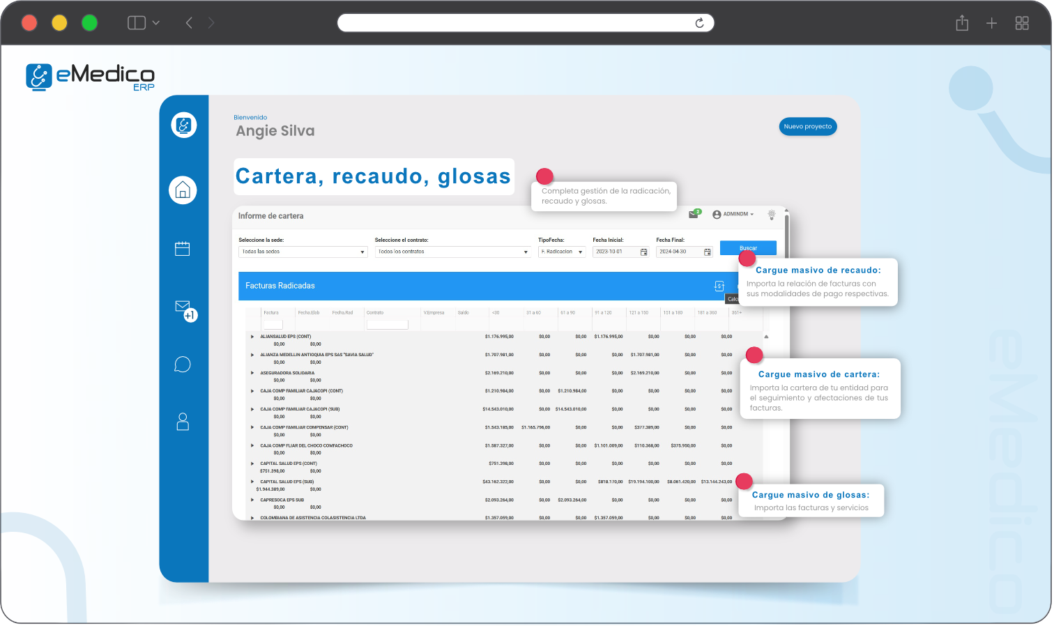 Cartera, recaudo, glosa (eMedicoERP)